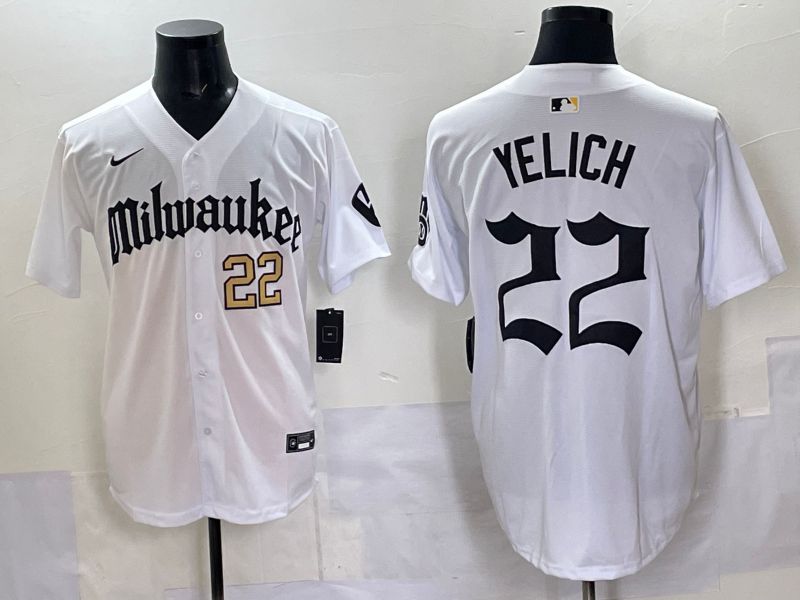 Men 2025 Milwaukee Brewers #22 Yelich White Five generations Joint Name Nike MLB Jersey style 07